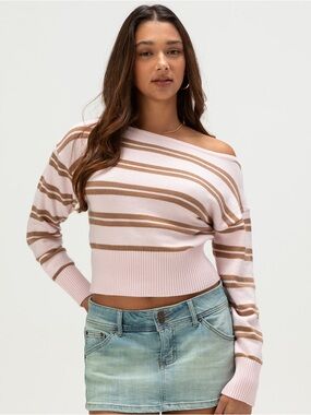 RSQ Pink & Brown Off The Shoulder Stripe Sweater Small